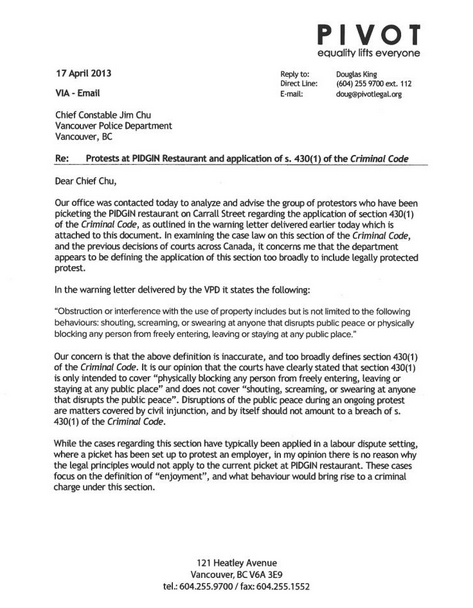 PIVOT's letter to the Vancouver PD
