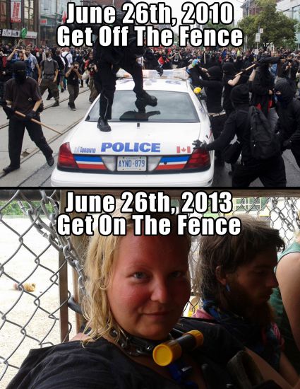 Top: G20 anarchists doing their stuff. Bottom: Patricia 'Trish' Mills at Swamp Line 9