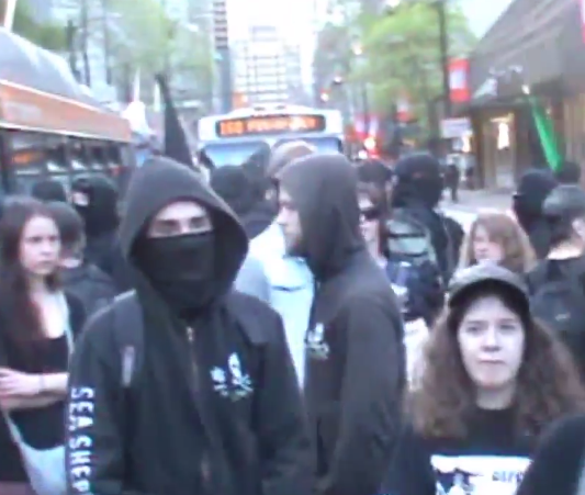 Black Bloc anarchists wearing "Sea Shepherd" hoodies