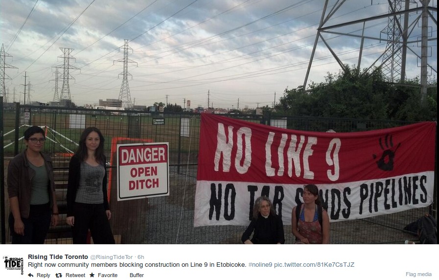 Lana Goldberg (centre-left) & Maggie Helwig (centre-right) at yet another Line 9 blockade