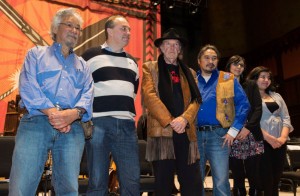 Vanessa Gray (far left) with David Suzuki, Neil Young, and Eriel Deranger (who wears the same tattoo as Line 9 leader Dave Vasey)