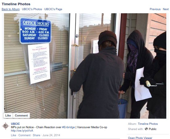 Picture of BC activists breaking the law found on BCUIC Facebook page