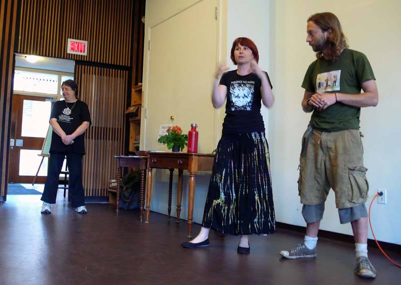 Lyn Adamson (left) with Chelsea Flook at the Quaker house...