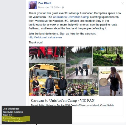 Lynne Quarmby supports Zoe Blunt and the violent Unist'ot'en Camp?