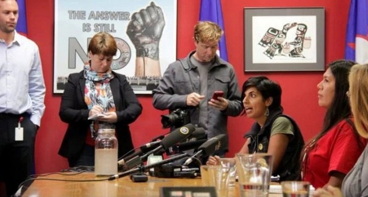Anushka Nagji holding a press conference at UBCIC headquarters